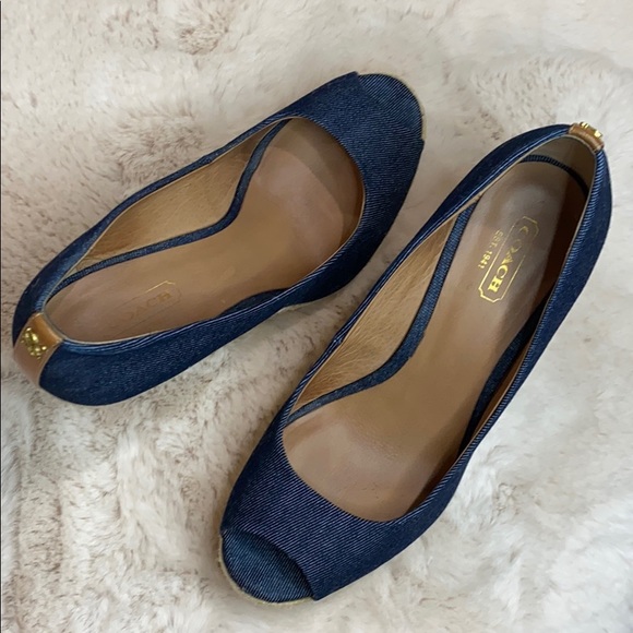 COACH Milan Denim Platform Wedge Peep-toe Sandals - Picture 5 of 7